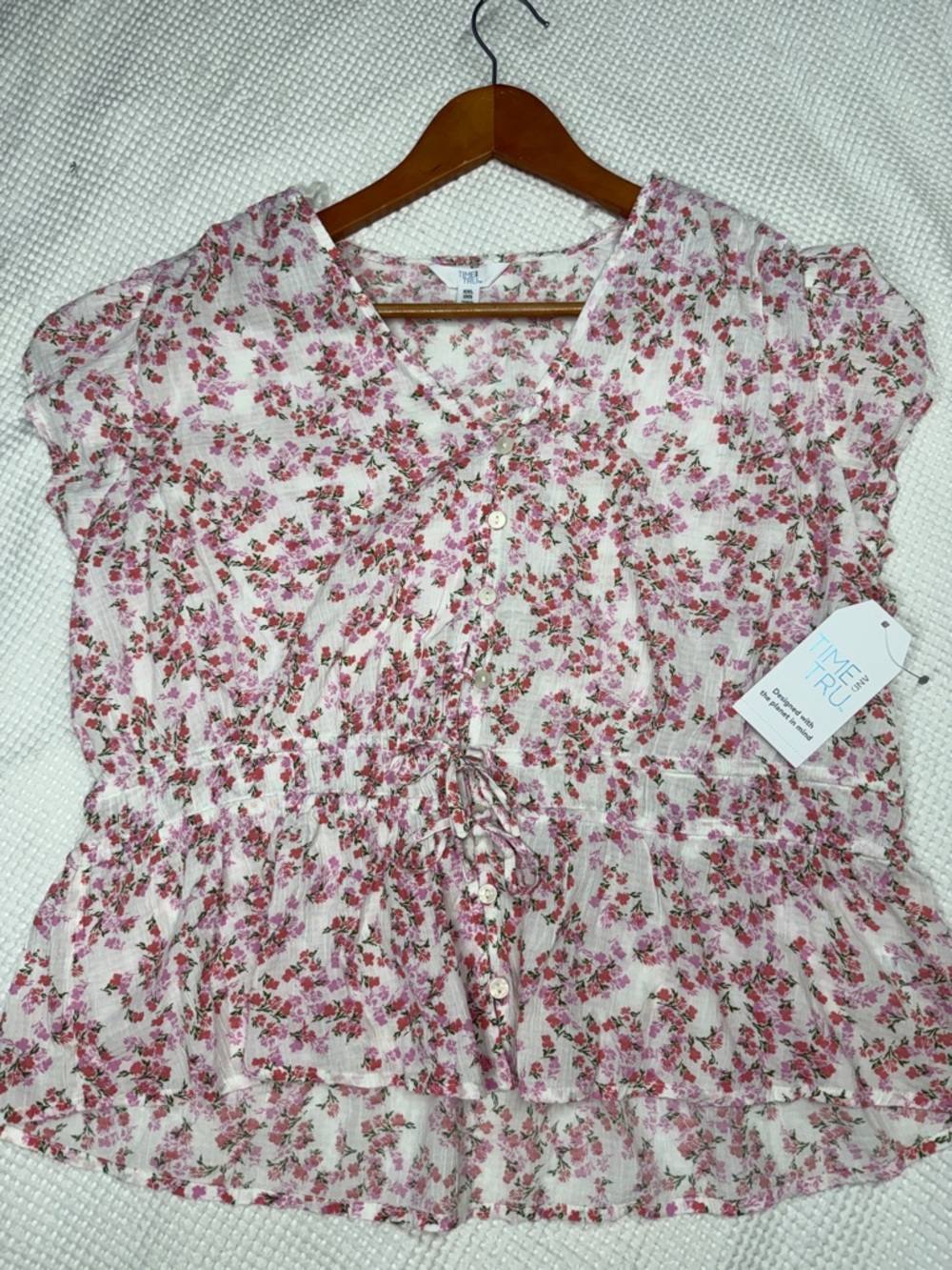 Time and Tru Pink and White Floral Ruffle-Trim Button Front Top